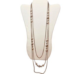 Triple Strand Silver Tone Curb Chain And Faux Pearl Necklace (3855)
